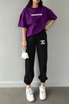 Thatssofetch Mor T-shirt Siyah Eşofman Altı Jogger - Baskılı Alt Üst Takım Bisiklet Yaka