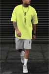 Dikey T-Shirt Şort - Sarı Gri Alt Üst Kombin Şort Tişört Takım Baskılı Oversize Bisiklet Yaka