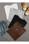 Düz Basic 4'lü Çoklu Kombin T-shirt - Beyaz Gri Siyah Ve Kahverengi  Oversize Bisiklet Yaka