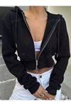 Kadın Düz Fermuarlı Kapüşonlu Crop Hırka Sweatshirt