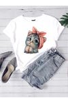 Oversize Beyaz Sevimli Minik Kedi Baskılı T-shirt Unisex Rahat Kalıp