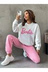 Barbie Yazılı Eşofman Takımı Beyaz Sweatshirt Pembe Jogger - Baskılı Oversize Bisiklet Yaka
