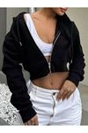 Kadın Düz Fermuarlı Kapüşonlu Crop Hırka Sweatshirt