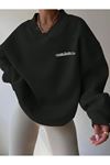 Kadın Siyah Ribana Yaka Clayes Studio Baskılı Oversize Sweatshirt