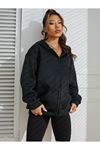 Basic Düz Hırka -Siyah Oversize Kapüşonlu
