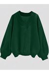 Kadın V Yaka Düz Oversize Sweatshirt