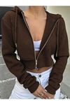 Kadın Düz Fermuarlı Kapüşonlu Crop Hırka Sweatshirt
