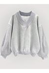 Kadın V Yaka Düz Oversize Sweatshirt