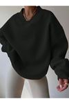 Kadın Katlı V Yaka Siyah Oversize Sweatshirt