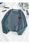 Kırmızı Minimal Kalp Baskılı Sweatshirt - Füme Kalın Kışlık Bisiklet Yaka