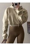 Kadın Bej Düz Oversize Crop Sweatshirt - Kapüşonlu