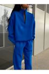 Basic Düz Fermuarlı Eşofman Takımı Sweatshirt Jogger - Sax Mavisi Oversize Şardonlu Dik Yaka