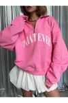 Kadın Whatever Baskılı Dik Yaka Pembe Oversize Sweatshirt