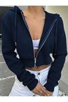 Kadın Düz Fermuarlı Kapüşonlu Crop Hırka Sweatshirt