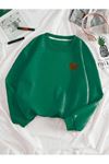 Kırmızı Minimal Kalp Baskılı Sweatshirt - Nefti Yeşil Kalın Kışlık Bisiklet Yaka