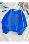 Kırmızı Minimal Kalp Baskılı Sweatshirt - Saks Mavi Kalın Kışlık Bisiklet Yaka