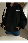 Unisex Siyah İnmodern Baskılı Oversize Kapüşonlu Sweatshirt