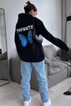 Private Kelebek Sweatshirt - Siyah Baskılı Oversize Kapüşonlu