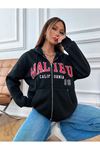 Malibu Hırka - Siyah Baskılı Oversize Kapüşonlu
