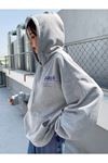 Back Youngchance T-Sweatshirt- Gri Baskılı Oversize Kapüşonlu