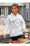 Kadın Kalp Çizgi Baskılı Oversize Beyaz Kapşonlu Sweatshirt
