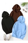 3'Lü Düz Basic Kalın Kışlık Sweatshirt - Siyah Kahverengi Bebe Mavisi Oversize Kapüşonlu