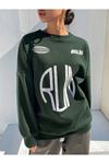 Run Logo Sweatshirt - Yeşil Baskılı Oversize Kalın Kışlık Bisiklet Yaka