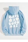 Papatya Good Day Sweatshirt - Bebe Mavisi Baskılı Oversize Kalın Kışlık Kapüşonlu