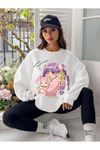Anime Kızı Sweatshirt - Beyaz Baskılı Oversize Bisiklet Yaka