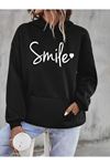 Smile Sweatshirt - Siyah Baskılı Oversize Kapüşonlu