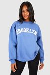Brooklyn Yazılı Sweatshirt - Bebe Mavisi Baskılı Oversize Kalın Kışlık Bisiklet Yaka