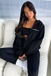 Thatsofetch Minimal Yazılı Hırka - Siyah Baskılı Oversize Kapüşonlu