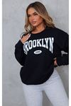 Brooklyn 1986 Sweatshirt - Siyah Baskılı Oversize Bisiklet Yaka