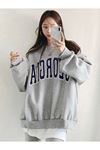 Georgia Sweatshirt - Gri Baskılı Oversize Kalın Kışlık Bisiklet Yaka