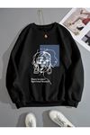 Spiritual Çizgi Figür Sweatshirt - Siyah Baskılı Oversize Kalın Kışlık Bisiklet Yaka