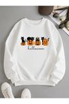 Halloween Kediler Sweatshirt - Beyaz Baskılı Oversize Bisiklet Yaka