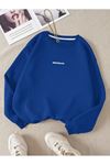 Brooklyn Minimal Sweatshirt - Sax Mavi Baskılı Oversize Kalın Kışlık Bisiklet Yaka