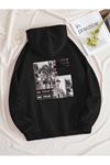 Be True Of Sweatshirt - Siyah Baskılı Oversize Kapüşonlu