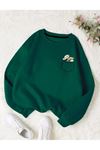 Cep Tasarım Papatya Desen Sweatshirt - Nefti Yeşil Baskılı Oversize Kalın Kışlık Bisiklet Yaka
