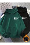 2'li Still Freedom Kalın Kışlık Sweatshirt - Siyah Nefti Yeşili Baskılı Oversize Kapüşonlu
