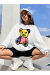 Renkli Ayı Sweatshirt - Beyaz Baskılı Oversize Bisiklet Yaka