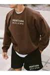 Montana Helena Desen Sweatshirt - Kahverengi Baskılı Oversize Kalın Kışlık Bisiklet Yaka