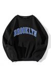 Brooklyn Mavi Tasarım Sweatshirt - Siyah Baskılı Oversize Bisiklet Yaka