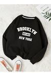 Brooklyn 1631 Sweatshirt - Siyah Baskılı Oversize Kalın Kışlık Bisiklet Yaka
