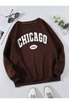 Chicago Usa Sweatshirt - Kahverengi Baskılı Oversize Bisiklet Yaka