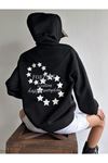 Fortune Yıldızlar Sweatshirt - Siyah Baskılı Oversize Kalın Kışlık Kapüşonlu