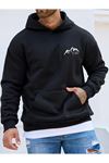 Dağ Logo Sweatshirt - Siyah Baskılı Oversize Kapüşonlu