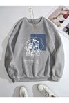 Spiritual Çizgi Figür Sweatshirt - Gri Baskılı Oversize Kalın Kışlık Bisiklet Yaka