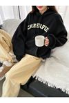 Cheerful Sweatshirt - Siyah Baskılı Oversize Kapüşonlu