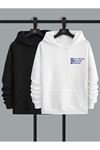 2'li Still Freedom Kalın Kışlık Sweatshirt - Siyah Beyaz Baskılı Oversize Kapüşonlu